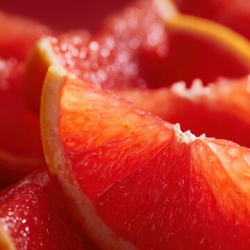 Macro shot of sliced ruby red grapefruit with glowing citrus segments, vibrant color, backlit transparency