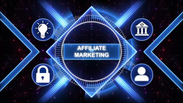 Affiliate marketing connects brands and marketers. Digital marketing and affiliate strategies boost online revenue. Modern Technology, Internet and social media icons 4K animation background.