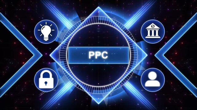 PPC Pay per click payment. Technology digital marketing. Modern Business Technology, Internet and social media icons 4K animation background.