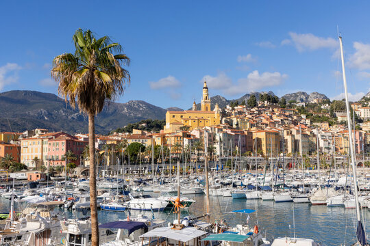 Menton harbor and old town with basilica of saint michel archange