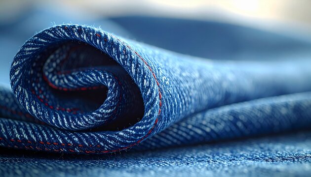 Close-up of Blue Denim Fabric Roll with Red Stitching
