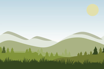 Layered Green Hills and Pine Trees Under a Pale Sun Minimalist Landscape Stock Illustration