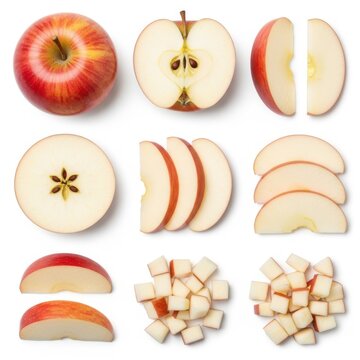 Red apple variety pack containing whole fruit cross section slices wedges and chopped cubes on white backdrop
