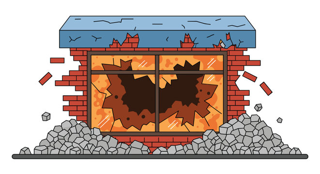 Damaged brick building with broken window and rubble on the ground outside