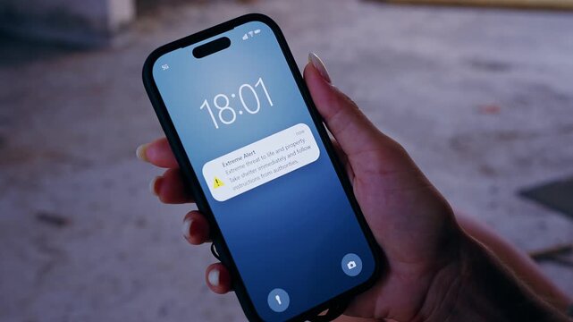 Young Woman Sitting in Ruined Building Holding Smartphone With Emergency Alert Notification on Screen. Dramatic Crisis Situation Indoors With Warning Message About Danger And Human Survival