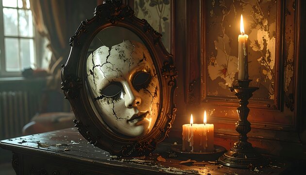 A cracked mirror with a creepy face reflects a dimly lit room
