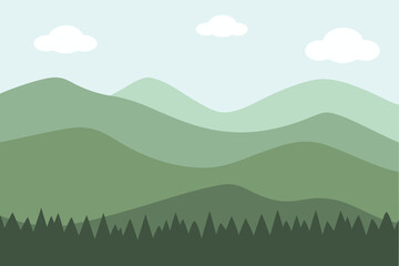 Fototapeta premium Layered green mountains with pine trees and clouds minimalist landscape illustration