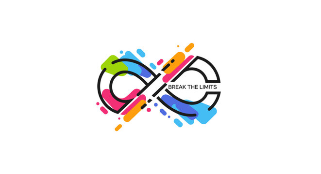 Dynamic infinity symbol logo with vibrant abstract strokes and inspiring 'BREAK THE LIMITS' message, representing endless possibilities, limitless potential, and ambitious personal growth