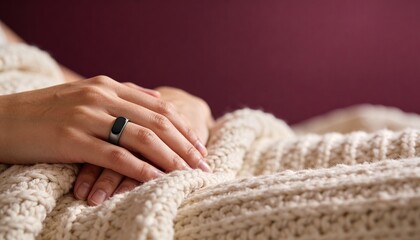 Person wearing smart ring in bed tracking wellness data