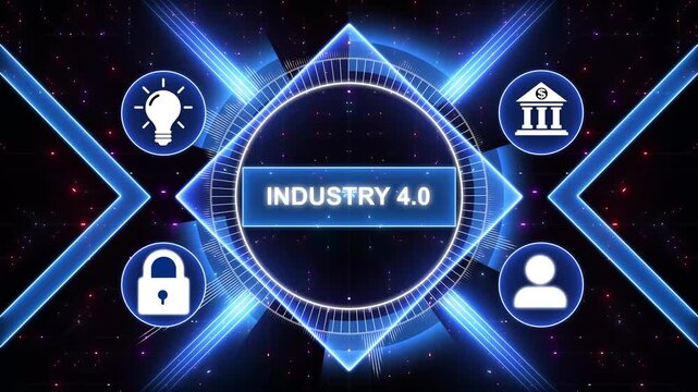 Industry 4.0 Cloud computing, physical systems, IOT, cognitive computing industry. Industrial revolutions steps. Modern Business, Technology, Internet and social media icons 4K animation background.