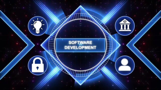 Software development concept. Inscription Software Development on the virtual display. Modern Business, Technology, Internet and social media icons 4K animation background.