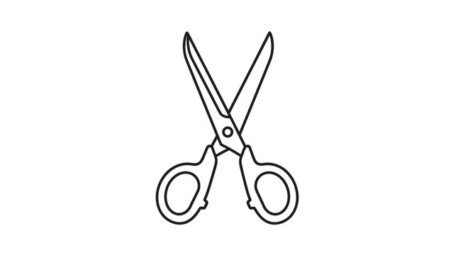 Black and white line icon of open scissors representing office supplies cutting tools and professional tailoring equipment on white background.