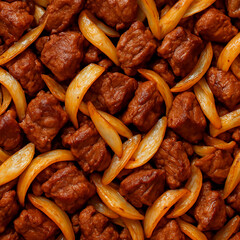 Traditional Kyrgyz kuurdak fried meat and onions pattern background