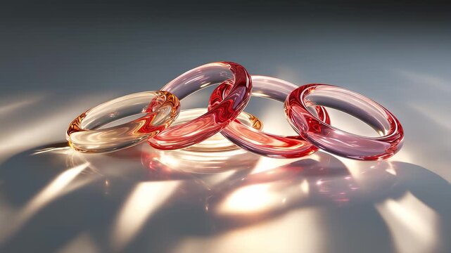 Interlocking translucent red glass rings with caustic light effects