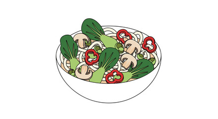 Delicious bowl of noodles with fresh vegetables and mushrooms