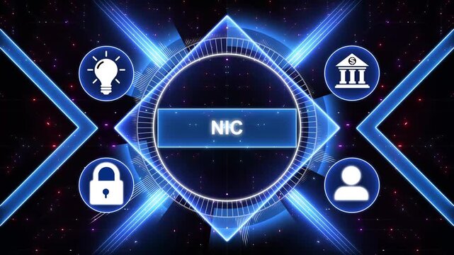 NIC, Network Interface Controller acronym, technology concept. Modern business technology interface with gears and digital network icons, 4K animation background.