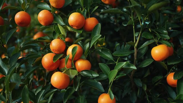 Ripe kumquat citrus fruits on green tree branches closeup, Fresh mandarin or kumquat oranges growing on natural plant, natural background 4k