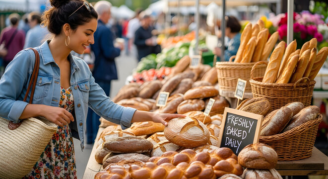 Smiling young woman choosing a loaf of artisan bread from a variety of baked goods at a vibrant outdoor street market on a sunny day