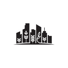 Fototapeta premium A black and white illustration of a city skyline with plants growing among the buildings