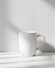 Fototapeta premium White coffee mug mockup, bright studio lighting, shadow overlay, clean minimalist aesthetic