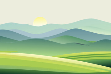 Obraz premium Rolling Green Hills Landscape with Distant Sun and Layered Mountains