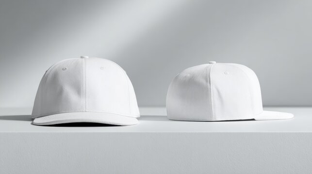 White snapback caps mockup, clean fabric, front and back view, studio lighting