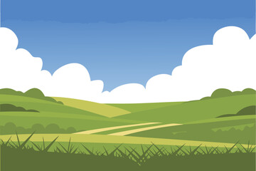 Fototapeta premium Rolling Green Hills with Dirt Path Under Blue Sky with Clouds Flat Illustration