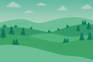 Fototapeta premium Rolling green hills with pine trees and clouds minimalist landscape stock illustration