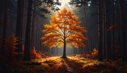 Fototapeta premium A serene forest scene with a vibrant orange tree