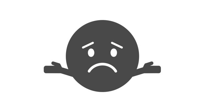 Dark gray cartoon emoticon expressing confusion with shrugging gesture on isolated white background