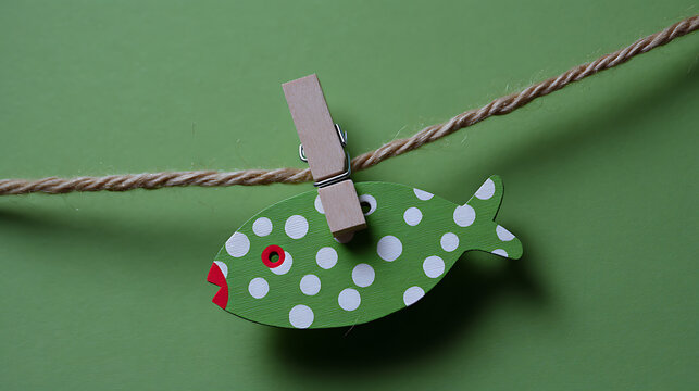 Cute wooden fish decoration with polka dots, attached to a natural twine cuerda against a solid green background, simple and playful design