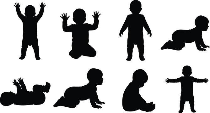 Cute baby silhouettes in various crawling sitting standing poses, black vector illustration, adorable infant figures, newborn child development collection