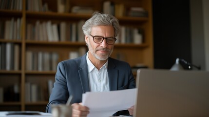 Fototapeta premium Legal aid lawyer reviews immigration bond paperwork with detained client's family via video call screen, documents arranged on desk, determined expression, perfect for detention defense and