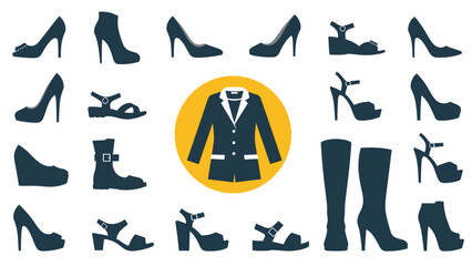 Obraz premium Assortment of women's shoe silhouettes including heels, boots, and sandals surrounding a central jacket icon in a yellow circle.