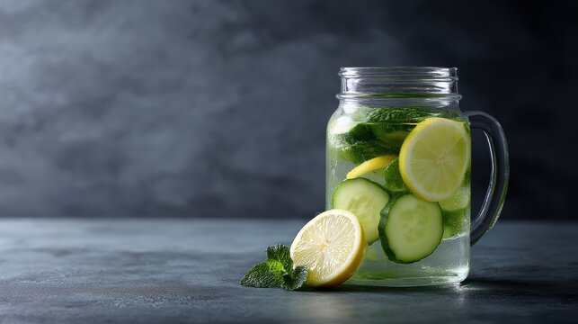 Detox water with cucumber, lemon, and mint in a large jar, healthy hydration