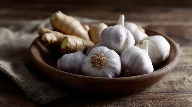Fresh garlic bulbs and ginger root, immunity-boosting ingredients, rustic style