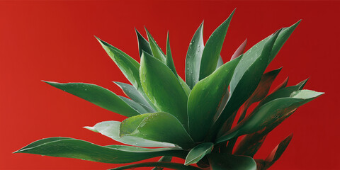 Obraz premium A vibrant green agave plant against a red backdrop, showcasing nature's beauty and resilience