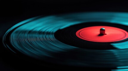 A close-up view of a vinyl record with a red center and a black outer edge.