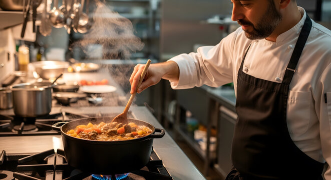 A male chef in a black apron carefully stirs a steaming savory stew in a professional kitchen environment