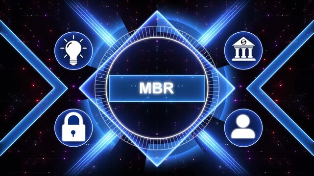 MBR, Monthly Business Review concept. Modern business technology interface with gears and digital network icons, 4K animation background.