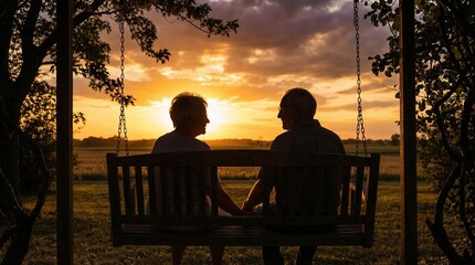 Obraz premium Elderly couple sitting on garden swing holding hands while watching warm sunset over rural landscape