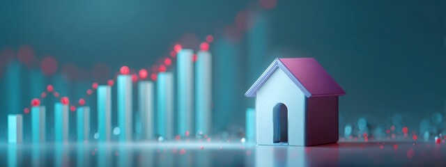 house with rising bar chart and upward arrow symbolizing real estate market growth, property value increase in neon cyan, red and purple tones banner 