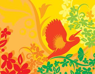 Obraz premium Bright abstract background with flying bird, butterfly and colorful flowers, bird, butterfly, flower, abstract, background, colorful, stylized, flying, orange