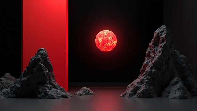 Minimalist Surreal Landscape with Glowing Red Sphere and Rocky Peaks against Dark Abstract Background