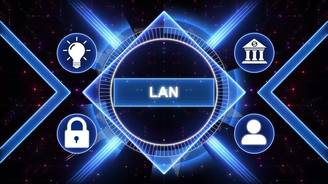 LAN, local area network. Modern business technology interface with gears and digital network icons, 4K animation background.