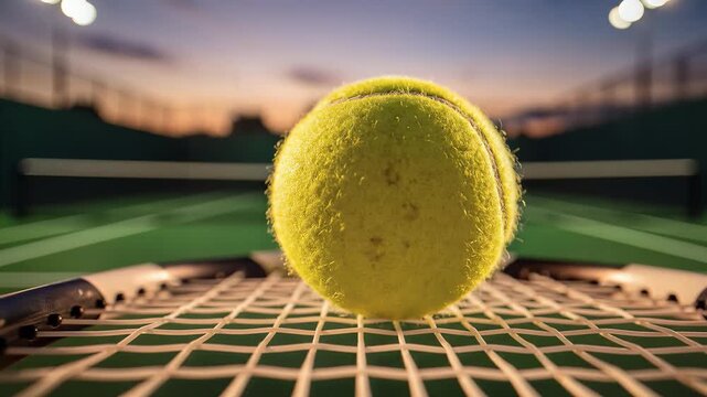 Tennis ball, fuzzy yellow ball on racket, sunset tennis court background, symbolizing sports and recreation