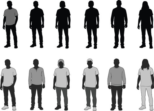 Diverse people silhouettes in casual everyday outfits, t-shirts and jeans, black vector illustration, men and women standing poses collection