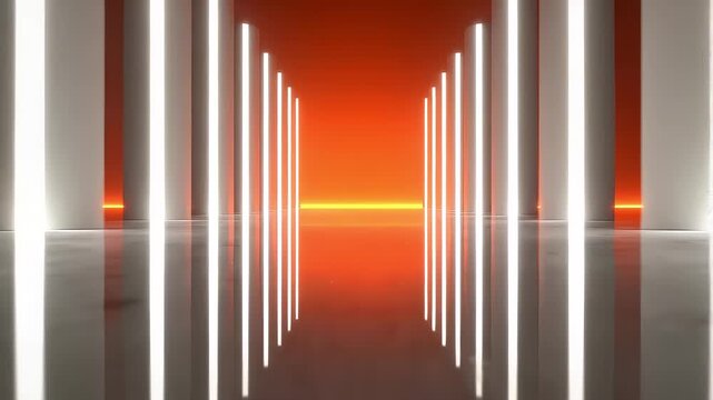 Symmetric glowing pillars in minimalist red futuristic corridor