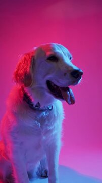 Vertical portrait video of a female Golden Retriever with mouth open looking around, illuminated normally with red and blue contour lights against pink.