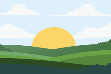 Fototapeta premium Sunrise Over Rolling Green Hills with Clouds in a Flat Design Style